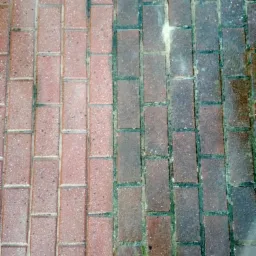 Częściowo wyczyszczona kostka brukowa, wyraźny kontrast między czystą, różową częścią a brudną, ciemniejszą częścią. Widoczne ślady wilgoci.