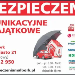 Plakat reklamowy firmy ubezpieczeniowej z Malborka, oferującej ubezpieczenia komunikacyjne i majątkowe. Grafika przedstawia czerwony samochód i dom pod parasolem, chronione przed ryzykiem. Widoczne...