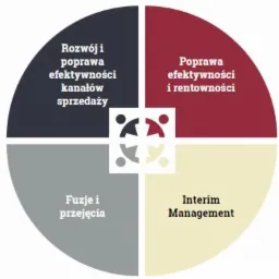 Kolorowy diagram kołowy podzielony na cztery segmenty, prezentujący obszary: rozwój i poprawa efektywności kanałów sprzedaży, poprawa efektywności i rentowności, fuzje i przejęcia, interim...