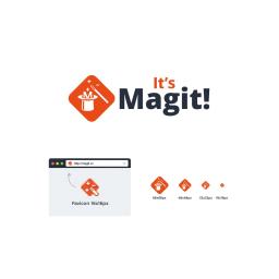 Dankor Digital - Projekt logo 'It's Magit!' z ikoną w kształcie rombu, przedstawiającą cylinder i różdżkę, oraz wizualizacja favicon w przeglądarce i różne rozmiary ikony.