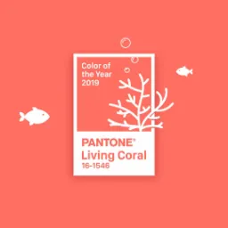 Pantone Color of the Year 2019: Living Coral, featuring a white coral illustration and two small white fish on a coral-colored background.