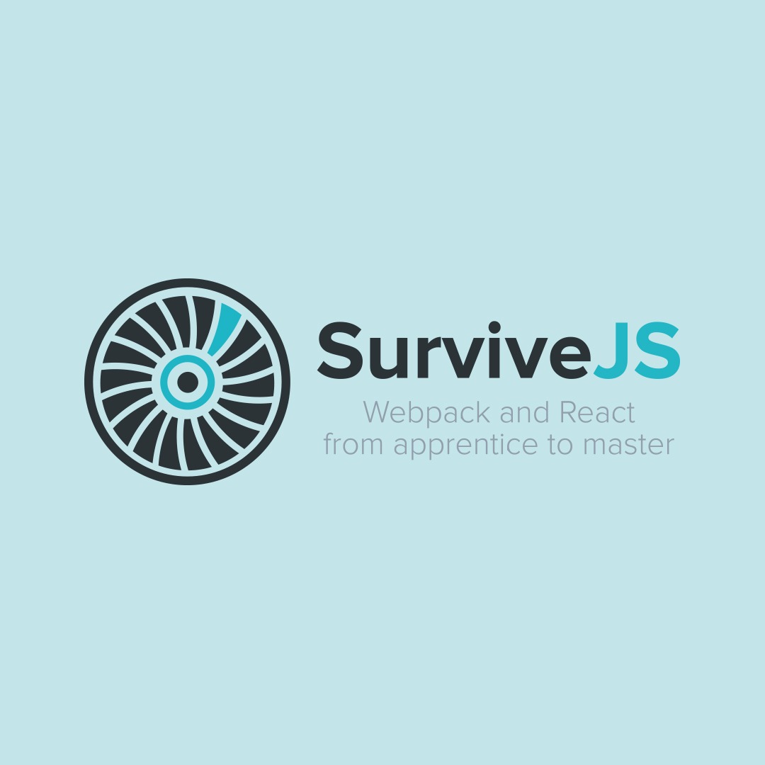 Logo SurviveJS z symbolem koła zębatego i tekstem 'Webpack and React from apprentice to master' na jasnoniebieskim tle.
