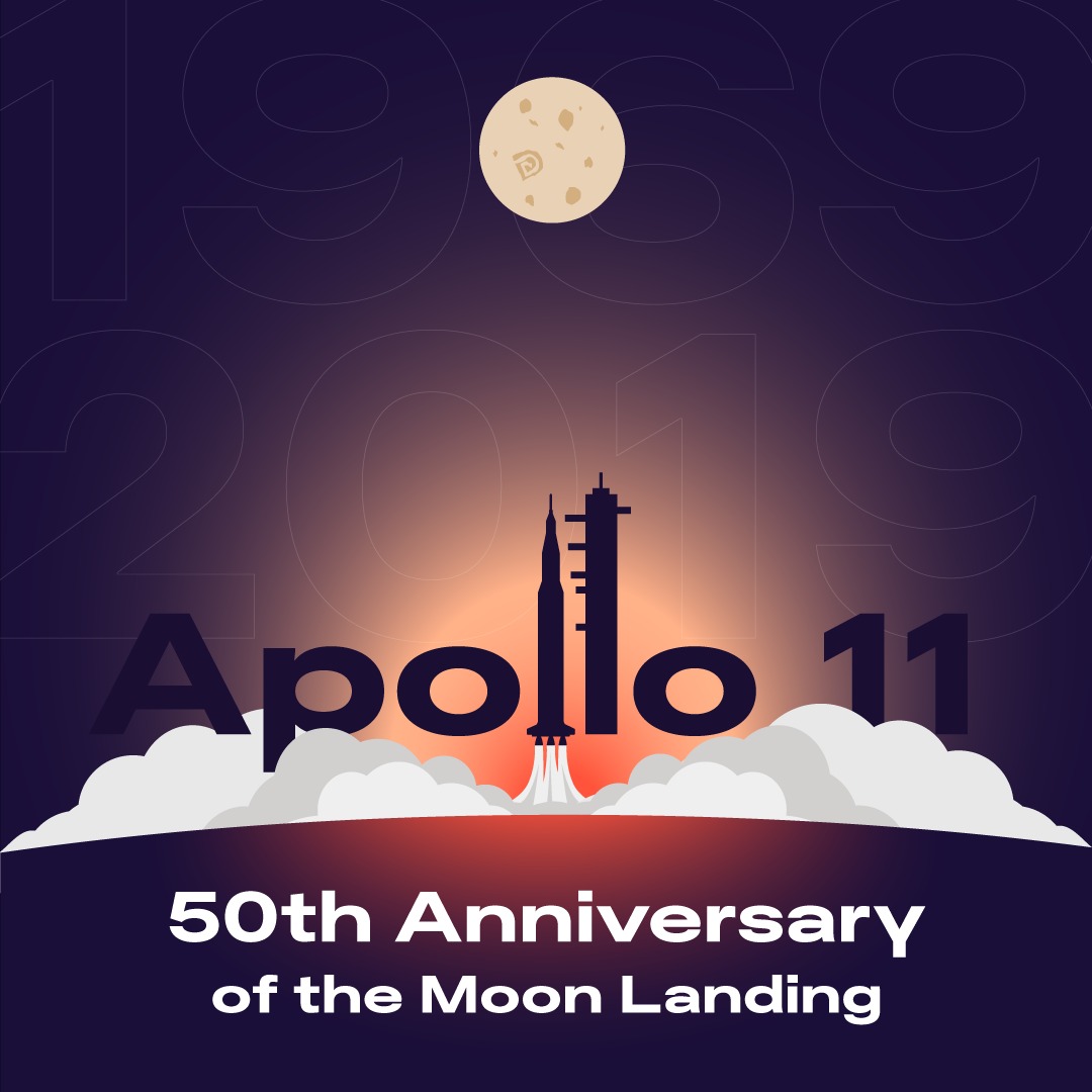 Ilustracja graficzna rocznicy lądowania na Księżycu z rakietą Apollo 11, stylizowaną na tle gradientu i numerów 1969 oraz 2019.