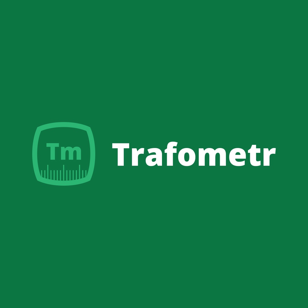 Logo firmy Trafometr na zielonym tle, zawierające stylizowany symbol pomiarowy.