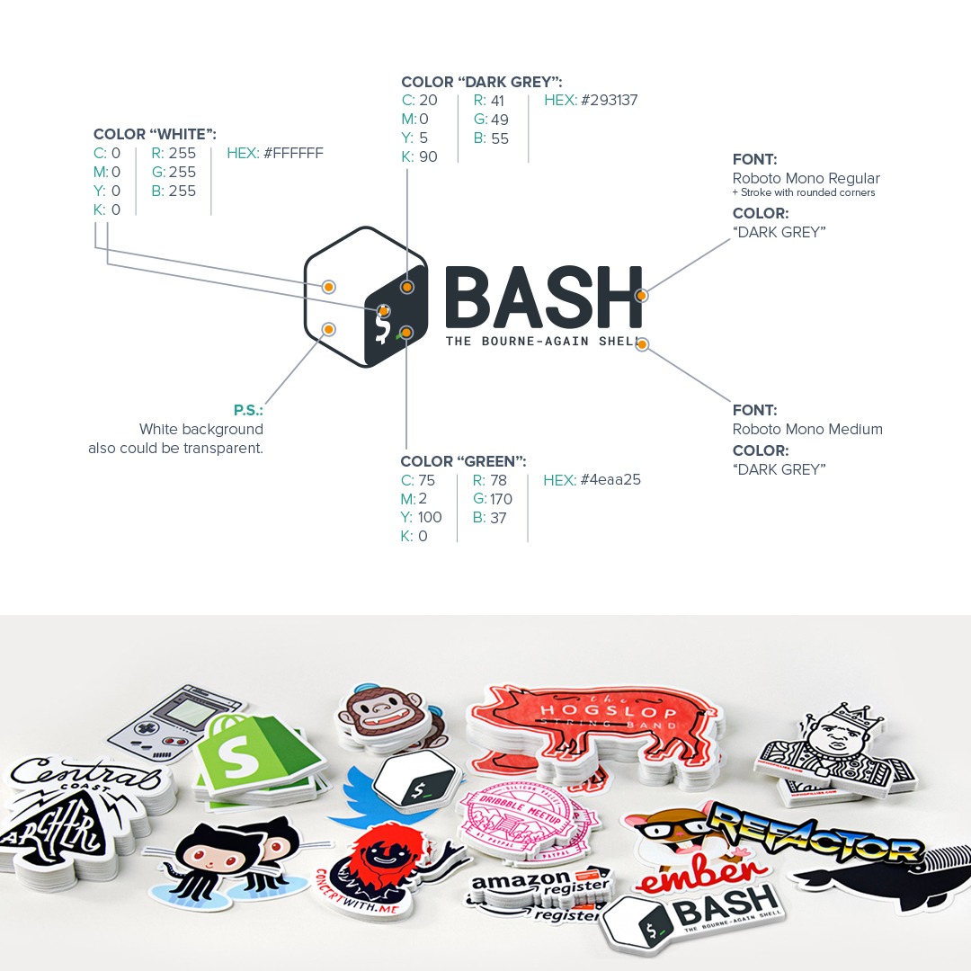 Diagram kolorów i fontów logo BASH, z naklejkami różnych projektów programistycznych na białym tle.