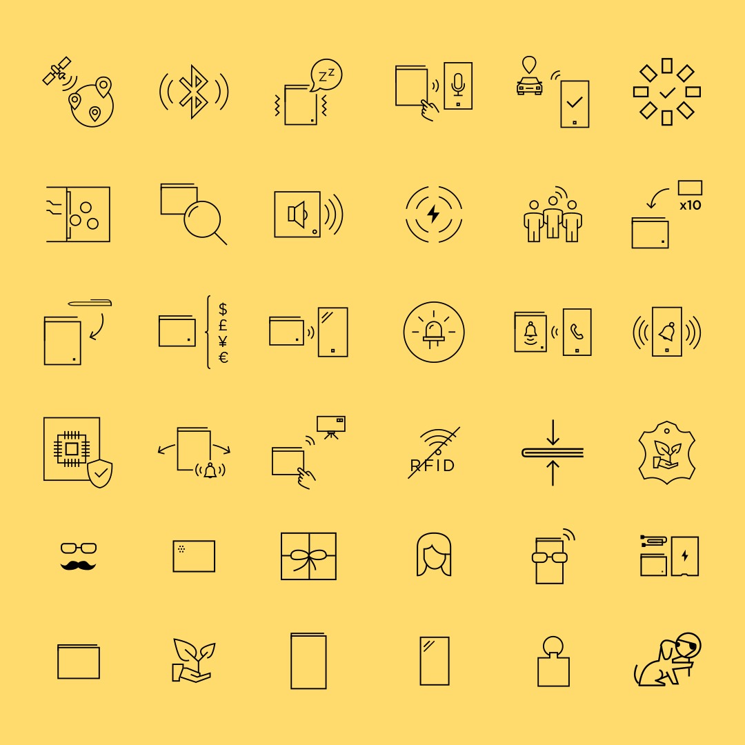 Zestaw minimalistycznych ikon przedstawiających różne funkcje i technologie związane z aplikacjami mobilnymi i internetem, na żółtym tle.