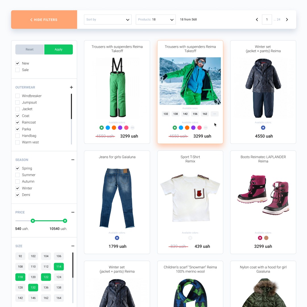 Sklep internetowy z odzieżą dziecięcą: widok siatki produktów z filtrami po lewej stronie, prezentujący spodnie narciarskie z szelkami, kurtki i buty zimowe.