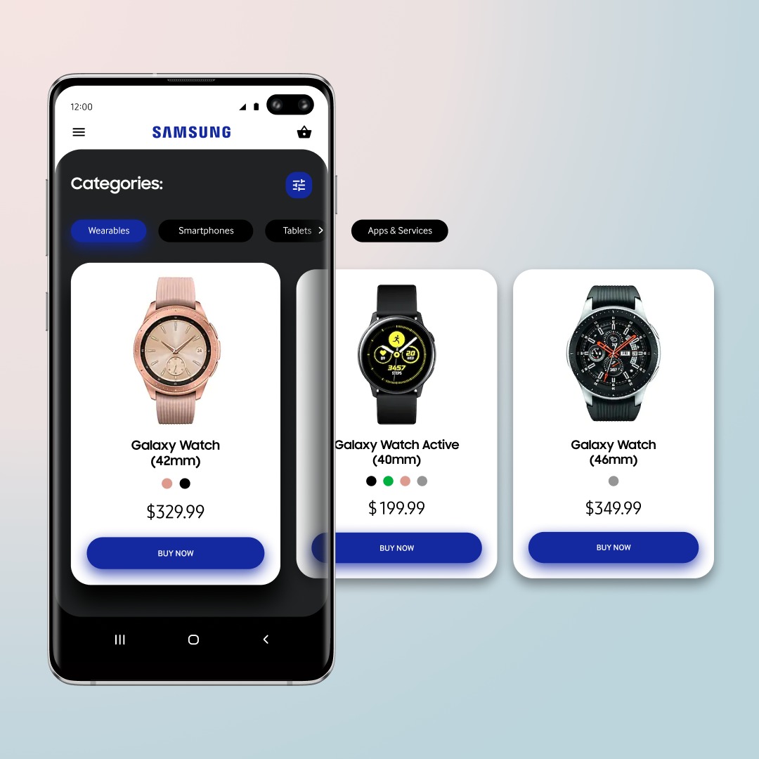 Ekran smartfona Samsung prezentujący interfejs sklepu z kategoriami: Wearables, Smartphones, Tablets i Apps & Services, z wyświetlonymi modelami zegarków Galaxy Watch (42mm, 40mm, 46mm) wraz...