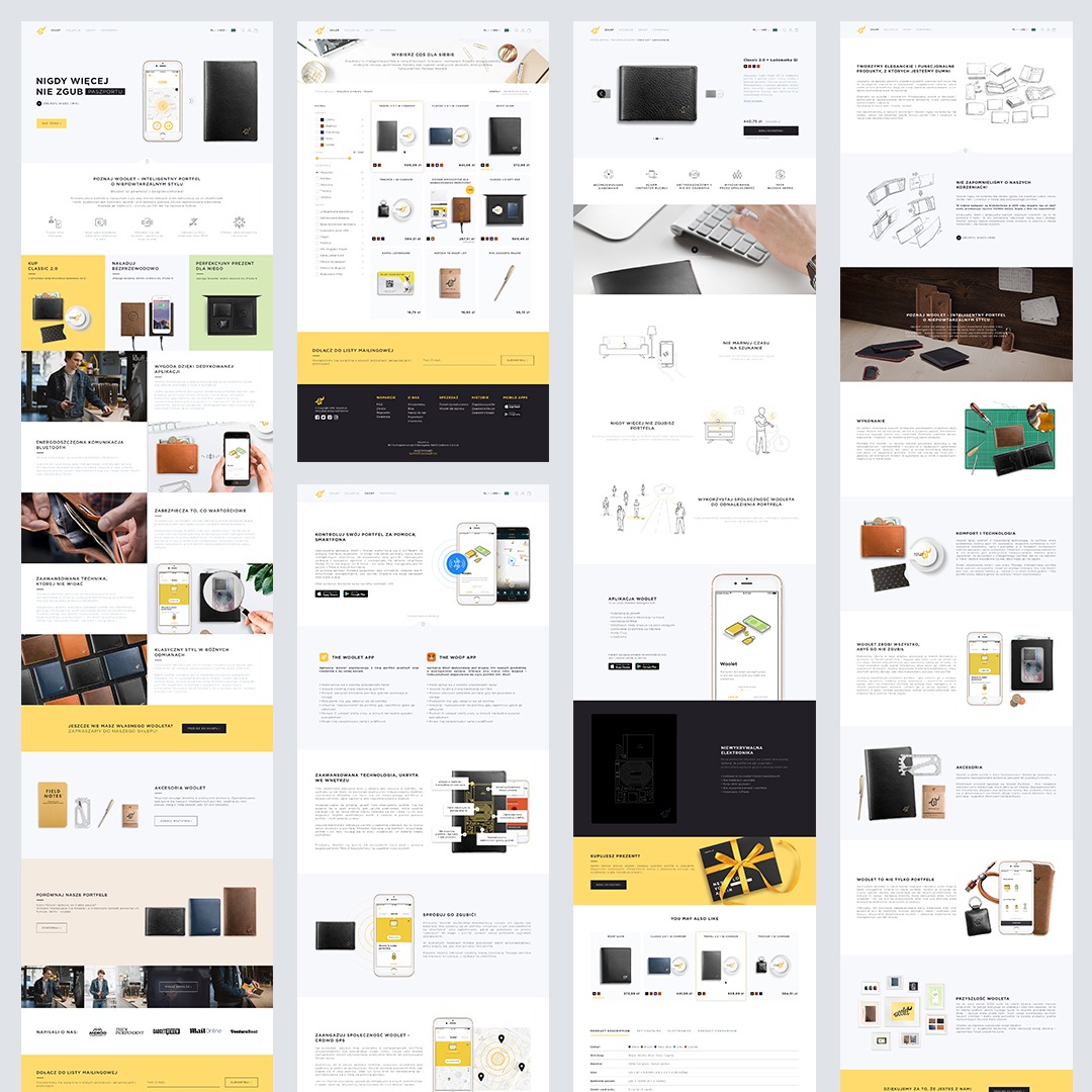 Prezentacja układu responsywnego strony internetowej z licznymi wizualizacjami portfela Wooflet i powiązanej aplikacji mobilnej na smartfonie.