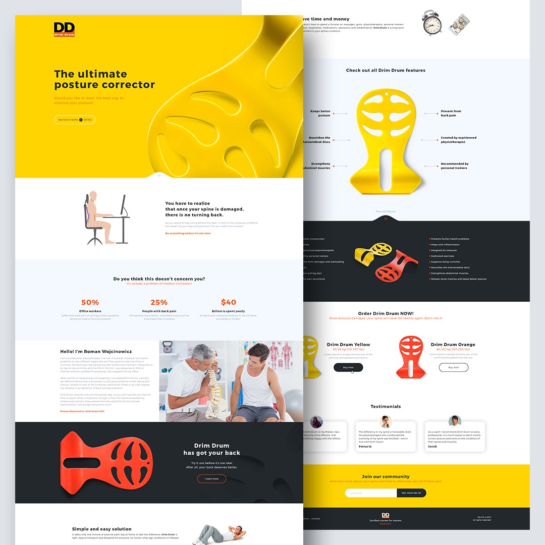 Landing page for a posture corrector device, featuring a yellow product image, testimonials, and information about back pain statistics.