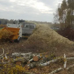 Pracownik w ciemnej kurtce idzie obok rozdrabniacza gałęzi z żółtym zasobnikiem, który wyrzuca zrębki na rosnącą pryzmę. W tle widać ciężarówkę i drzewa.