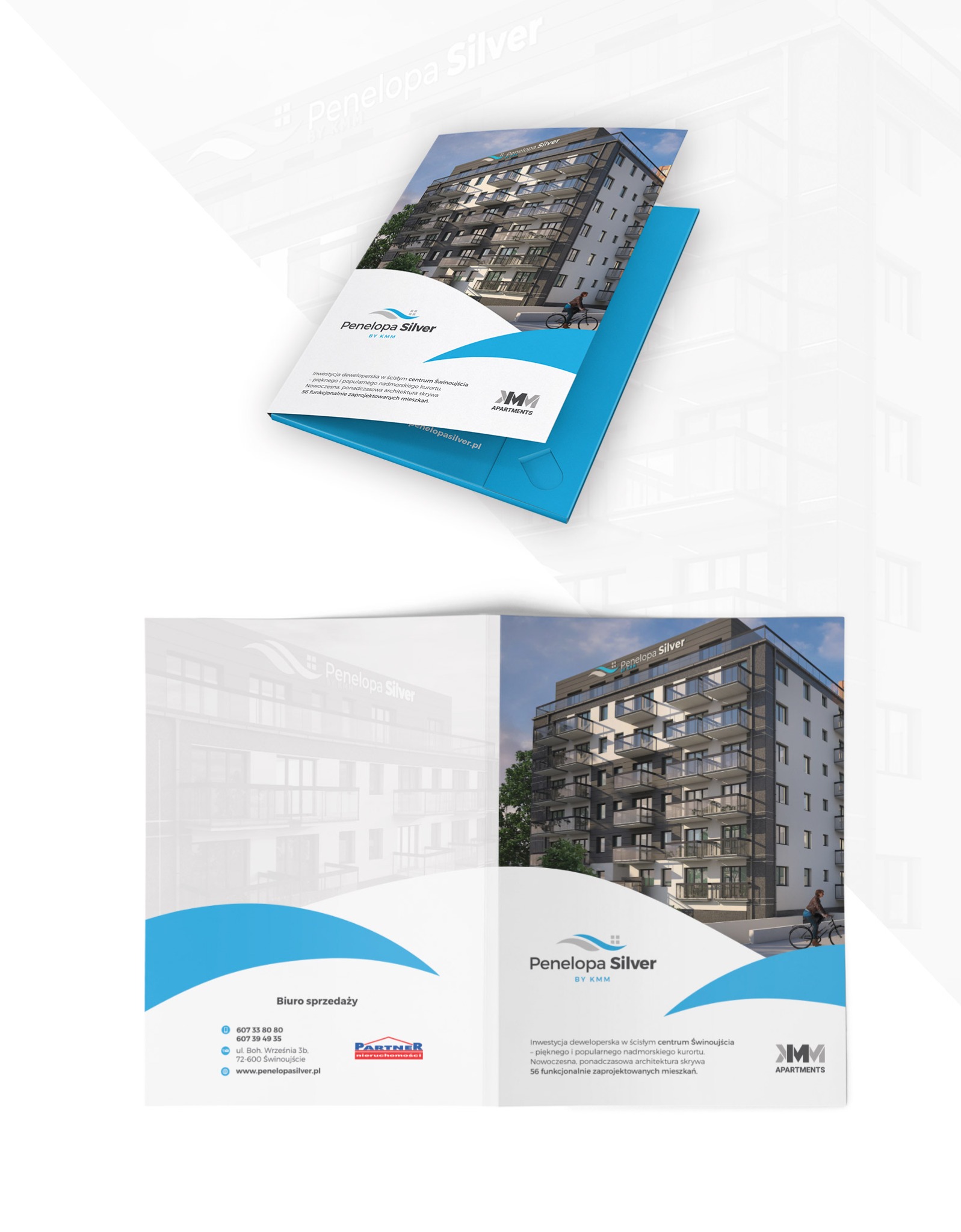 Otwarta broszura reklamowa prezentująca wizualizację nowoczesnego apartamentowca z balkonami, z logo 'Penelopa Silver' i informacjami o inwestycji deweloperskiej w Świnoujściu.