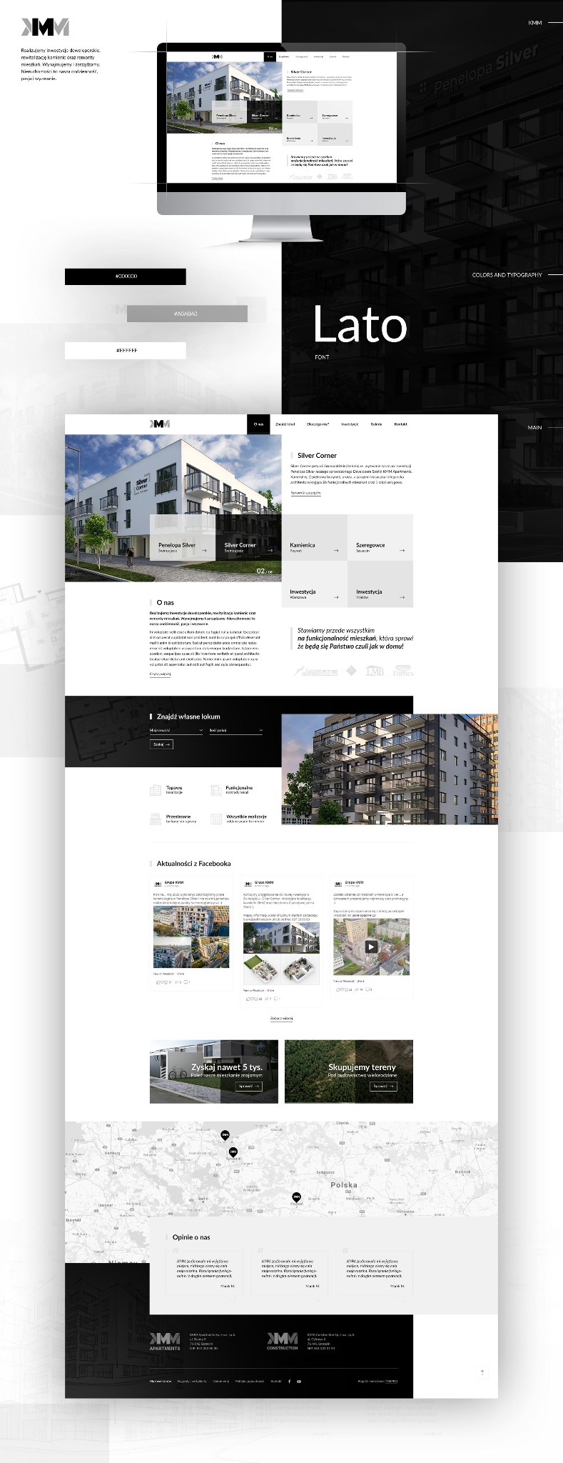 Prezentacja strony internetowej dewelopera na ekranie monitora, z widocznymi elementami interfejsu, kolorystyką i typografią, w tle wizualizacje budynków.