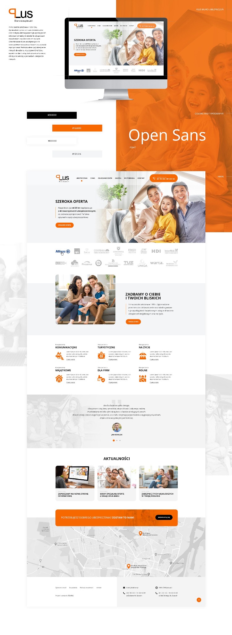 Projekt responsywnej strony internetowej biura ubezpieczeń 'Plus', z pomarańczowo-białą kolorystyką, prezentowany na ekranie komputera iMac, obok paleta barw i nazwa czcionki 'Open Sans'.