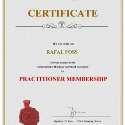 Certyfikat Practitioner Membership Complementary Therapists Accredited Association dla Rafał Foss, podpisany przez TJ Wynn, z pieczęcią i numerem członkowskim.