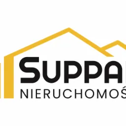 Logo firmy Suppan Nieruchomości z motywem domu w kolorze żółtym i czarnym, stylizowane na wykres wzrostu.