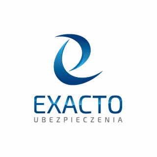 Logo firmy ubezpieczeniowej Exacto: stylizowany, błękitny symbol graficzny nad nazwą firmy i słowem 'Ubezpieczenia' w kolorze niebieskim.