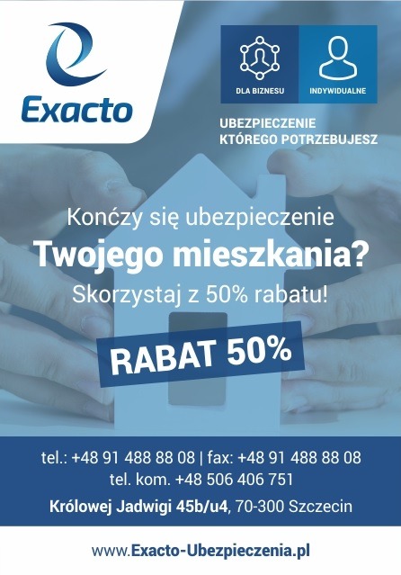 Reklama firmy ubezpieczeniowej Exacto z ofertą 50% rabatu na ubezpieczenie mieszkania, z logotypem firmy w lewym górnym rogu i informacjami kontaktowymi na dole.