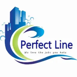 Graficzne logo firmy Perfect Line z motywem budynków w kolorze niebieskim, otoczone zielono-niebieską obwódką i hasłem 'We love the jobs you hate'.