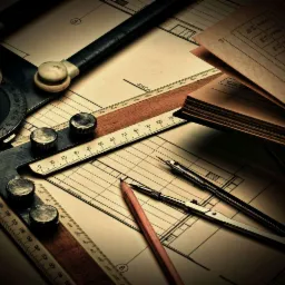 Przyciemnione ujęcie z góry na rozłożone plany architektoniczne, kalki techniczne, cyrkiel, ołówek i linijki kreślarskie.