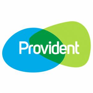 Logo firmy Provident w kolorach niebieskim i zielonym, na białym tle.