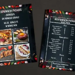 Dwie ulotki restauracji z menu i zdjęciami dań, otoczone dekoracyjnymi warzywami i ziołami.