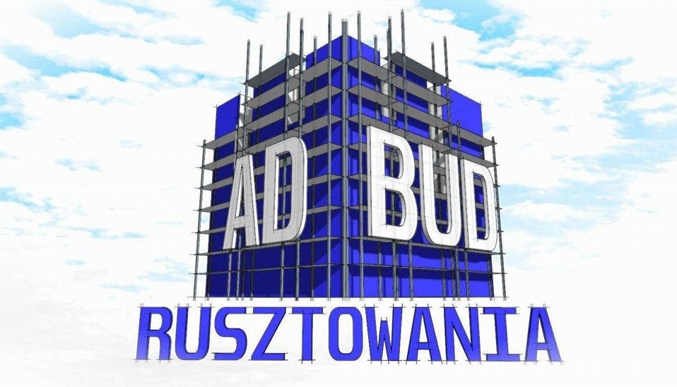 Grafika 3D: Niebieski budynek w rusztowaniach z napisem 'AD BUD' i 'RUSZTOWANIA' na tle nieba. Wizualizacja firmy budowlanej.
