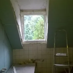 Łazienka na poddaszu w trakcie remontu: ściany częściowo pokryte płytami kartonowo-gipsowymi w kolorze zielonym, okno dachowe z widokiem na drzewa, stara glazura na ścianie, drabina oparta o ścianę...