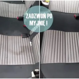 Tapicerka samochodowa przed i po czyszczeniu, widoczne różnice w odcieniu i plamy usunięte, z napisem 'Zadzwoń po myjnię!'
