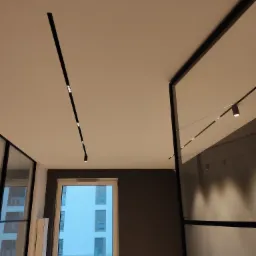 Nowoczesne oświetlenie sufitowe z czarnymi szynami i punktowymi reflektorami LED, widok z dołu, okno z widokiem na budynek w tle.