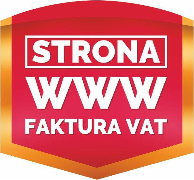 Czerwono-złoty emblemat z napisem 'STRONA WWW FAKTURA VAT' w białych literach.
