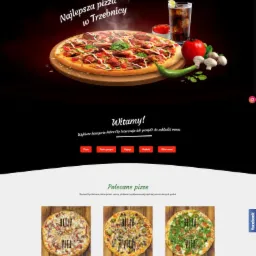 Strona internetowa pizzerii Bella Vita z nagłówkiem 'Najlepsza pizza w Trzebnicy' i zdjęciem apetycznej pizzy na drewnianej desce, obok szklanka coli, sos i warzywa. Poniżej sekcja z polecanymi...