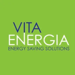 Logo firmy Vita Energia z hasłem Energy Saving Solutions na zielonym tle.