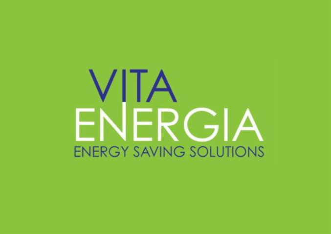 Logo firmy Vita Energia z hasłem Energy Saving Solutions na zielonym tle.