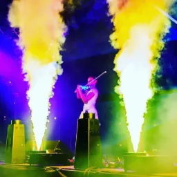 Kobieta gra na skrzypcach na scenie z efektami pirotechnicznymi w postaci dwóch kolumn dymu, oświetlona kolorowymi światłami.