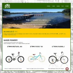 Strona internetowa wypożyczalni rowerów z widokiem na jezioro i pomost oraz ofertą rowerów dziecięcych i trekkingowych.