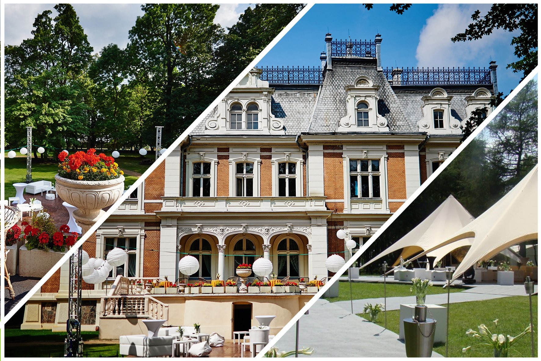 Kompozycja trzech ujęć: przygotowania do imprezy plenerowej w parku, klasyczna architektura budynku z dekoracjami kwiatowymi i białe namioty na trawniku, tworzące strefę relaksu.