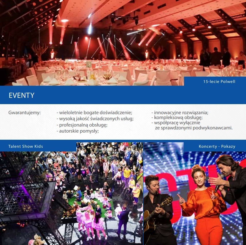 Uroczysta sala bankietowa z nakrytymi stołami, oświetlona reflektorami, widok z góry na tłum dzieci i występy artystyczne na scenie, fragment koncertu z wokalistami i gitarzystą.