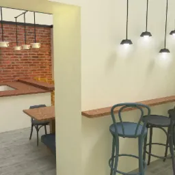 Wizualizacja wnętrza kawiarni z ceglaną ścianą, drewnianym blatem i krzesłami barowymi w odcieniach szarości i błękitu, oświetlona wiszącymi lampami.