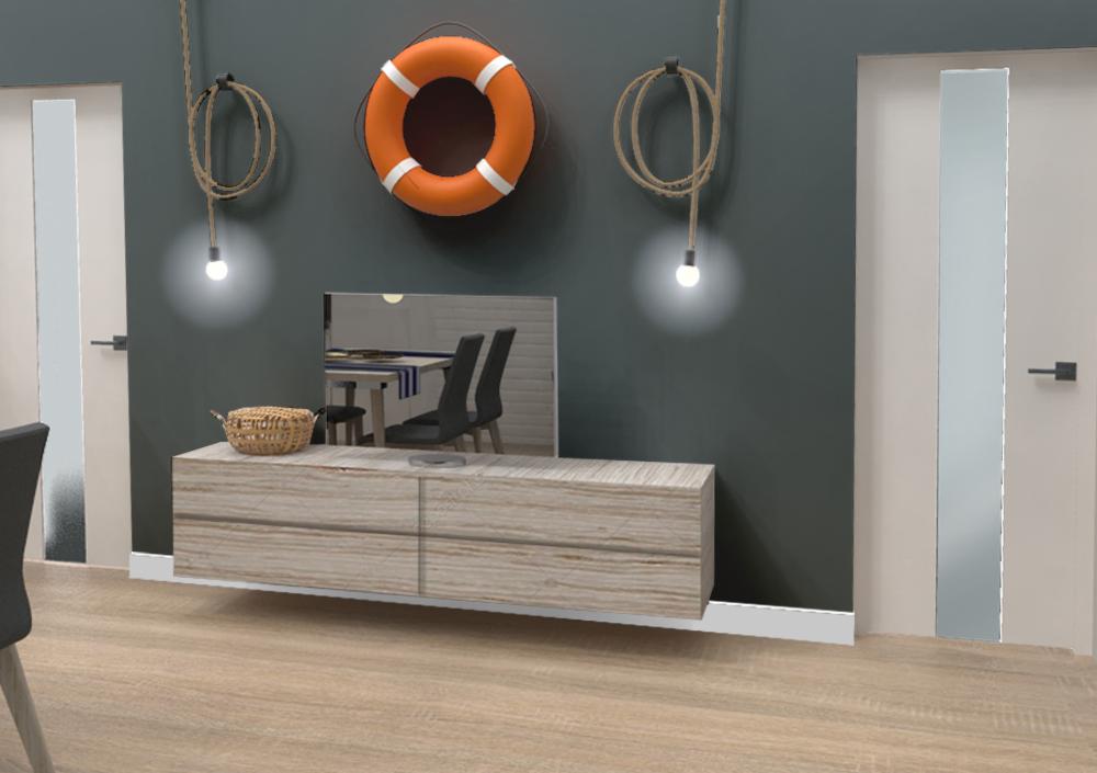 Pokój z elementami marynistycznymi: dekoracyjny ratunek na ścianie, liny z żarówkami, komoda z koszem na drobiazgi, lustro odbijające stół z krzesłami.