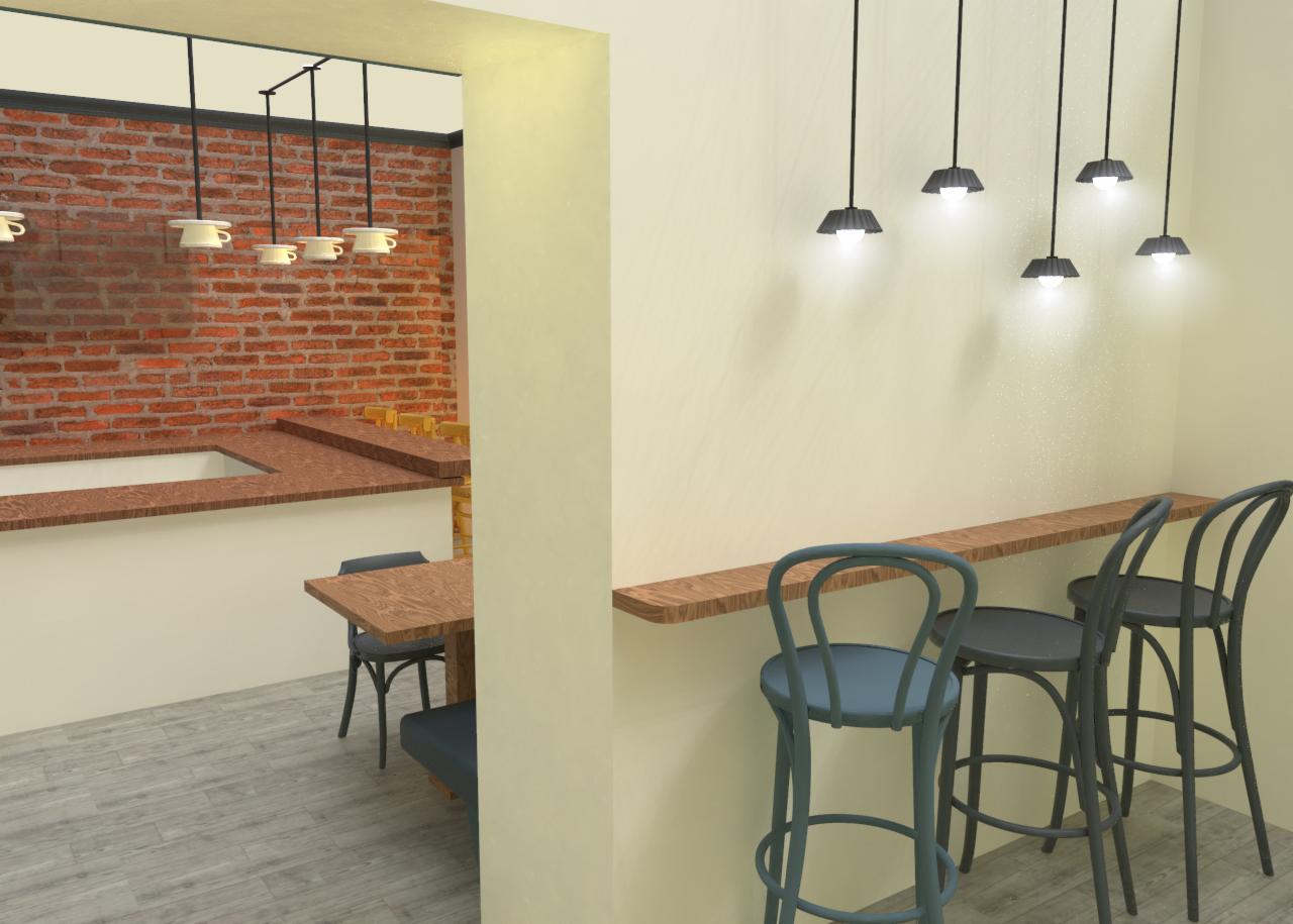 Wizualizacja wnętrza kawiarni z ceglaną ścianą, drewnianym blatem i krzesłami barowymi w odcieniach szarości i błękitu, oświetlona wiszącymi lampami.