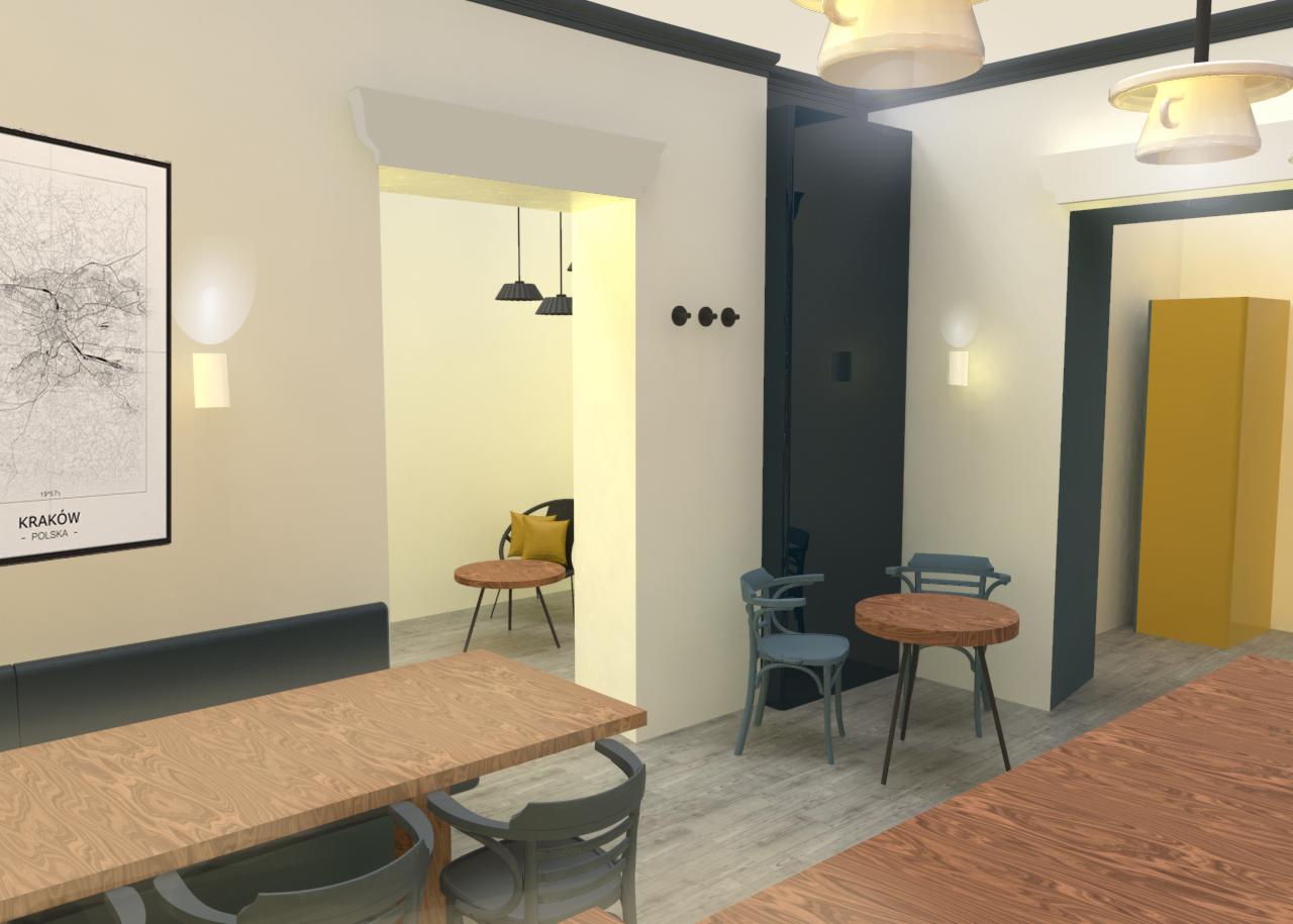 Wizualizacja wnętrza jadalni z drewnianym stołem, krzesłami w odcieniach szarości, mapą Krakowa na ścianie i widokiem na kolejne pomieszczenie z żółtą poduszką na krześle.
