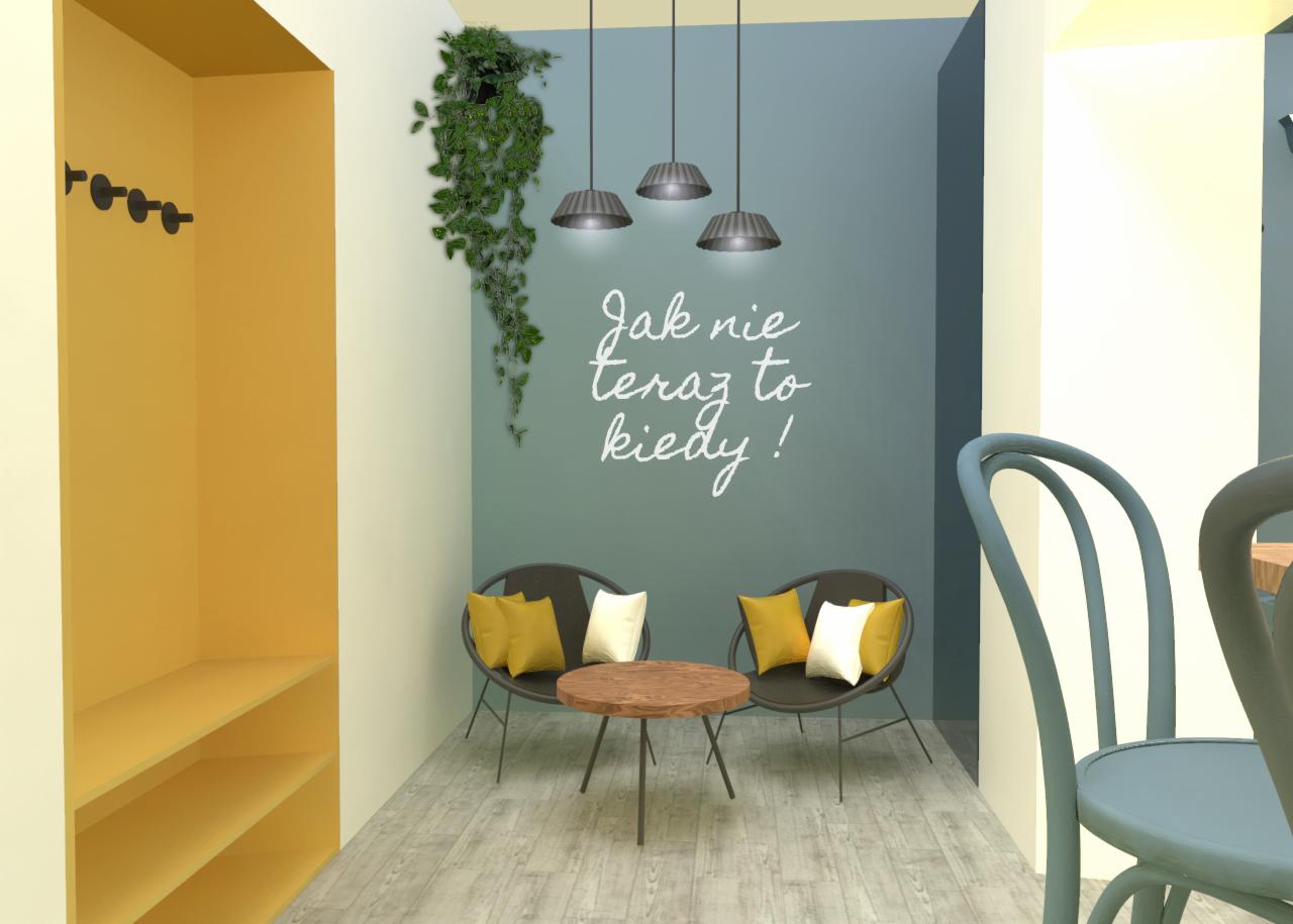 Wizualizacja kawiarnianego wnętrza z żółtymi akcentami: wiszące lampy, zielona roślina pnąca się po ścianie z napisem 'Jak nie teraz to kiedy!', krzesła z poduszkami i okrągły stolik.