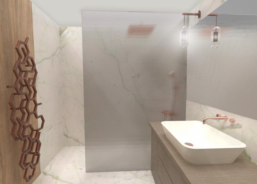 Wizualizacja łazienki z umywalką nablatową, szklaną kabiną prysznicową z deszczownicą i dekoracyjnym, metalowym panelem ściennym w kształcie plastra miodu.