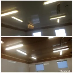 Porównanie sufitu i ściany przed i po czyszczeniu, widoczne różnice w odcieniu bieli i usunięte zabrudzenia w narożnikach, oświetlenie fluorescencyjne.