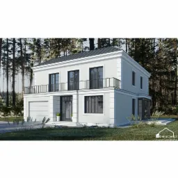 Wizualizacja dwukondygnacyjnego domu z garażem i balkonem, otoczonego drzewami i zielenią, prezentująca nowoczesny projekt architektoniczny.