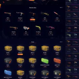 Strona internetowa sklepu z wirtualnymi skinami do gier komputerowych, prezentująca różne rodzaje skrzynek i broni z cenami.