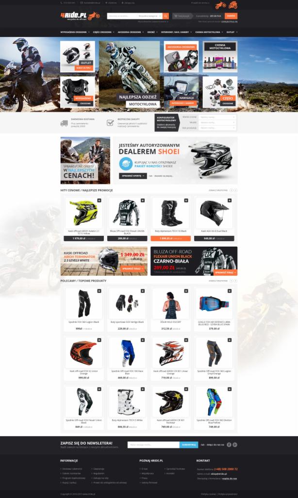 Strona główna sklepu internetowego z odzieżą i akcesoriami motocyklowymi, prezentująca kaski, buty, bluzy oraz promocje.