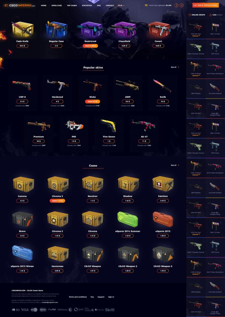 Strona internetowa sklepu z wirtualnymi skinami do gier komputerowych, prezentująca różne rodzaje skrzynek i broni z cenami.