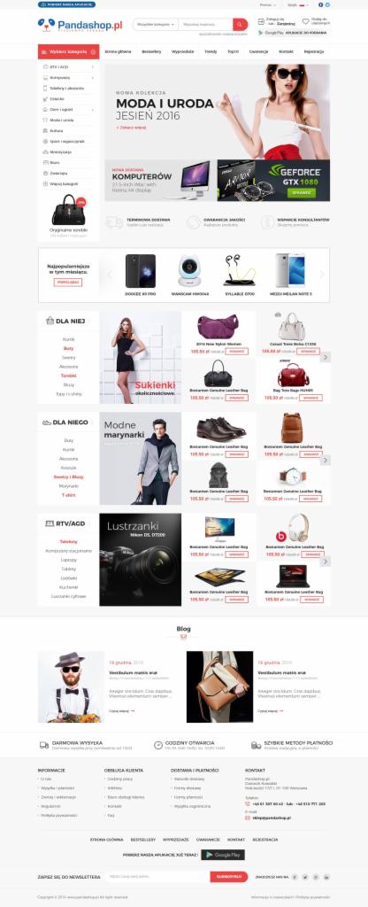 Wygląd strony internetowej sklepu odzieżowego i z elektroniką, z widoczną nawigacją po kategoriach, banerami reklamowymi i listą polecanych produktów.